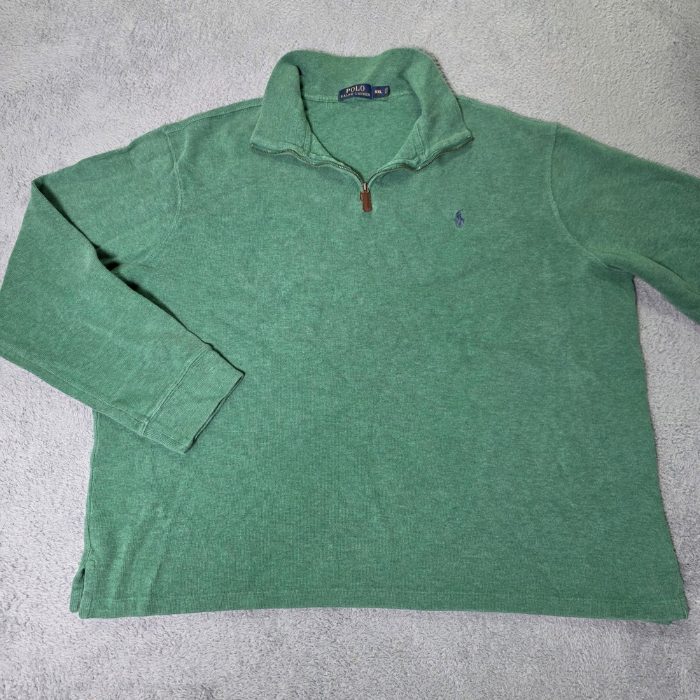 Polo Ralph Lauren Mens XXL Quarter Zip Pullover Green Cotton Leather Pull Sweatr